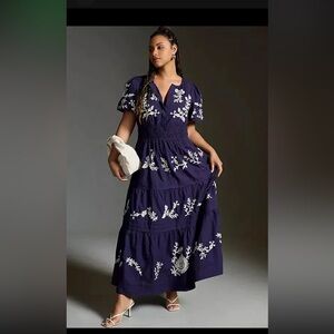 Anthropologie Navy Blue & White Embroidered Somerset Maxi Dress XS
